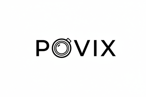 make a logo with the words POVIX the words white and the background black but the O make it a little camera 